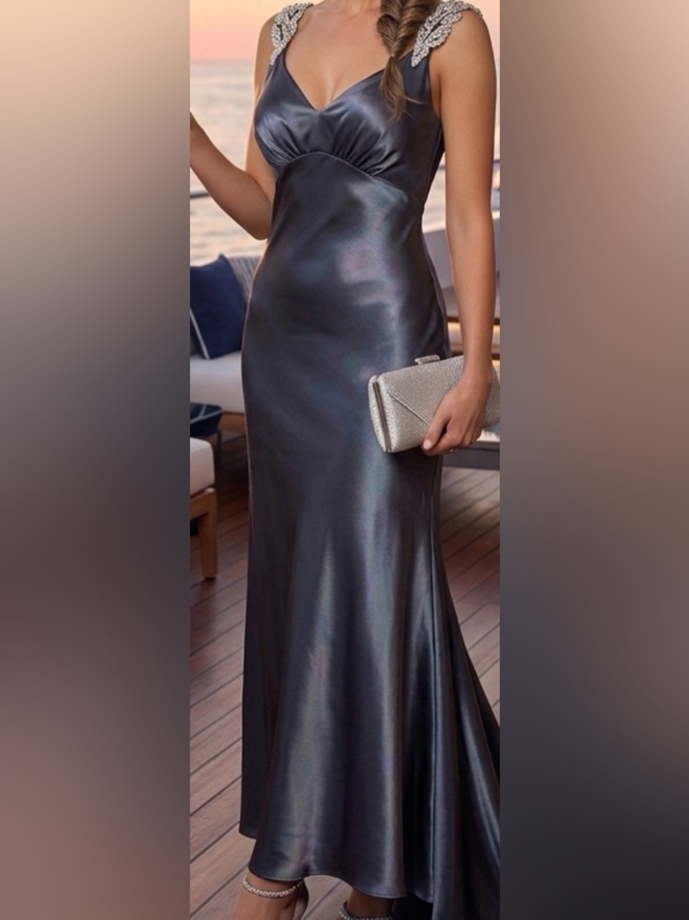 Marina Beaded Satin Maxi Dress Blue Size 12